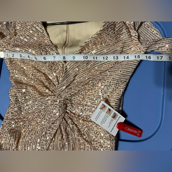 IEENA For Mac Duggal Rose Gold Sequin Knotted Long Sleeve Midi High Low Dress 0 - Picture 13 of 15